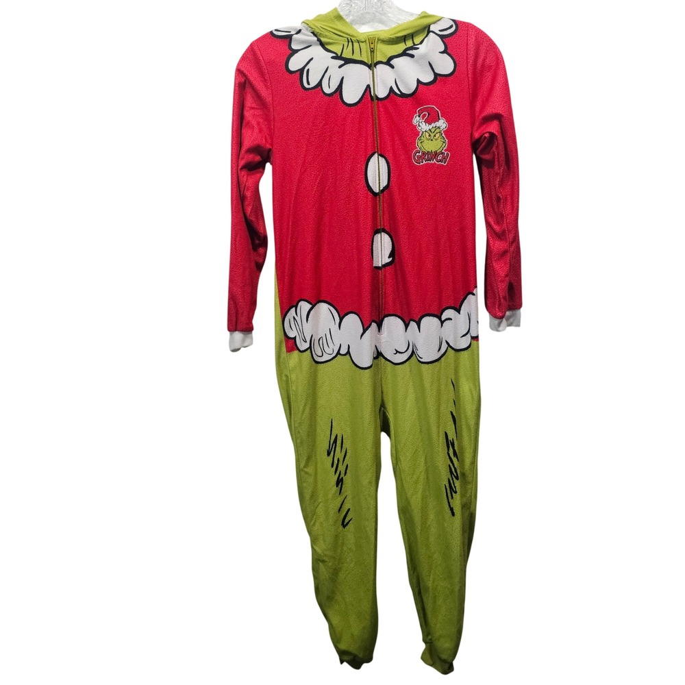 Dr Seuss The Grinch Kids Hooded Union Suit Red Green Fleece Pajamas L 10/12